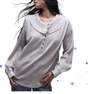 FREE PEOPLE HOLLY LONG SLEEVE EMBROIDERED THERMAL TOP GREY BLUE XS to MEDIUM